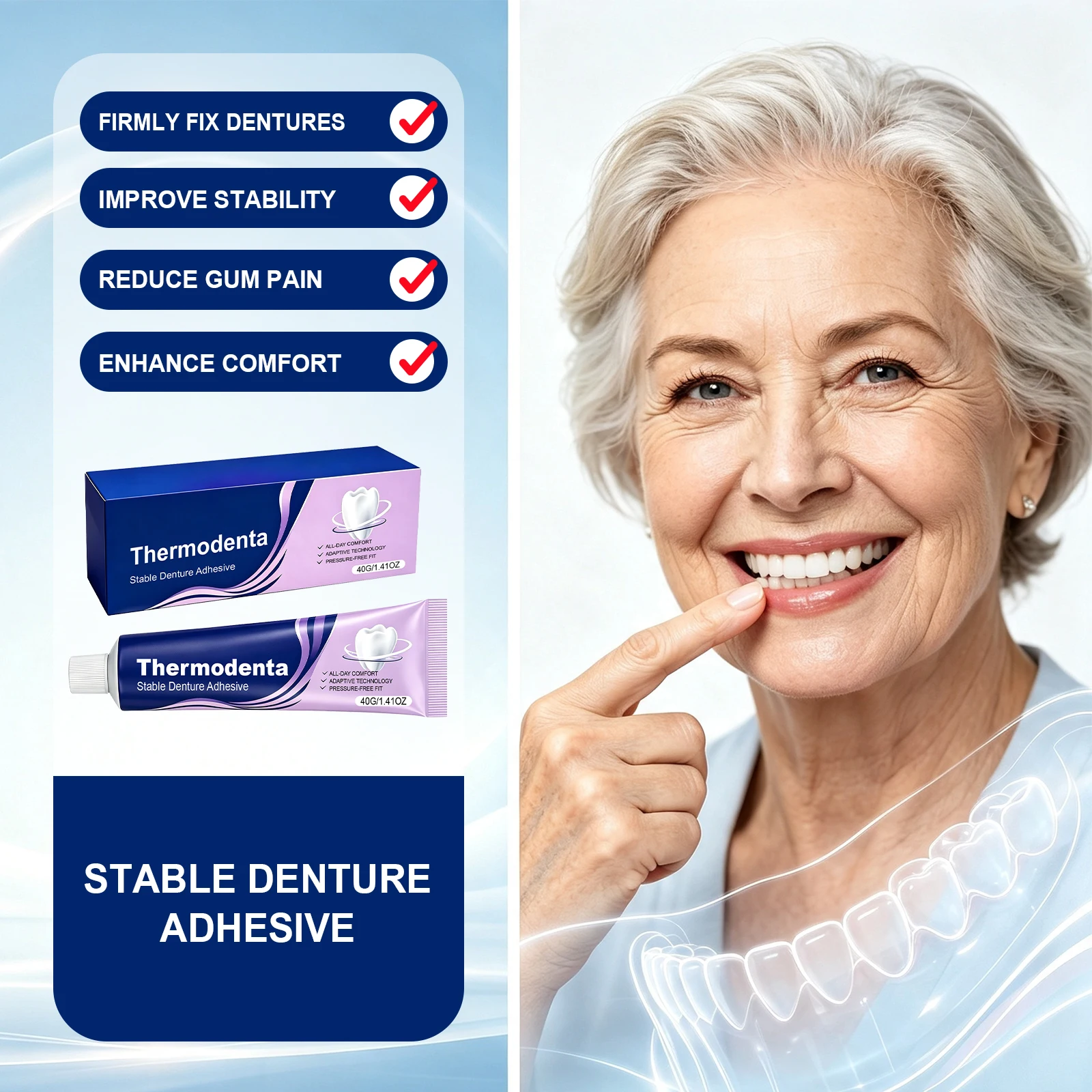 Comfort Denture Adhesive Cream Stable Lasting Hold All Day Adaptive No Slip Daily Care Use Secure Fit False Teeth Fixative Glue