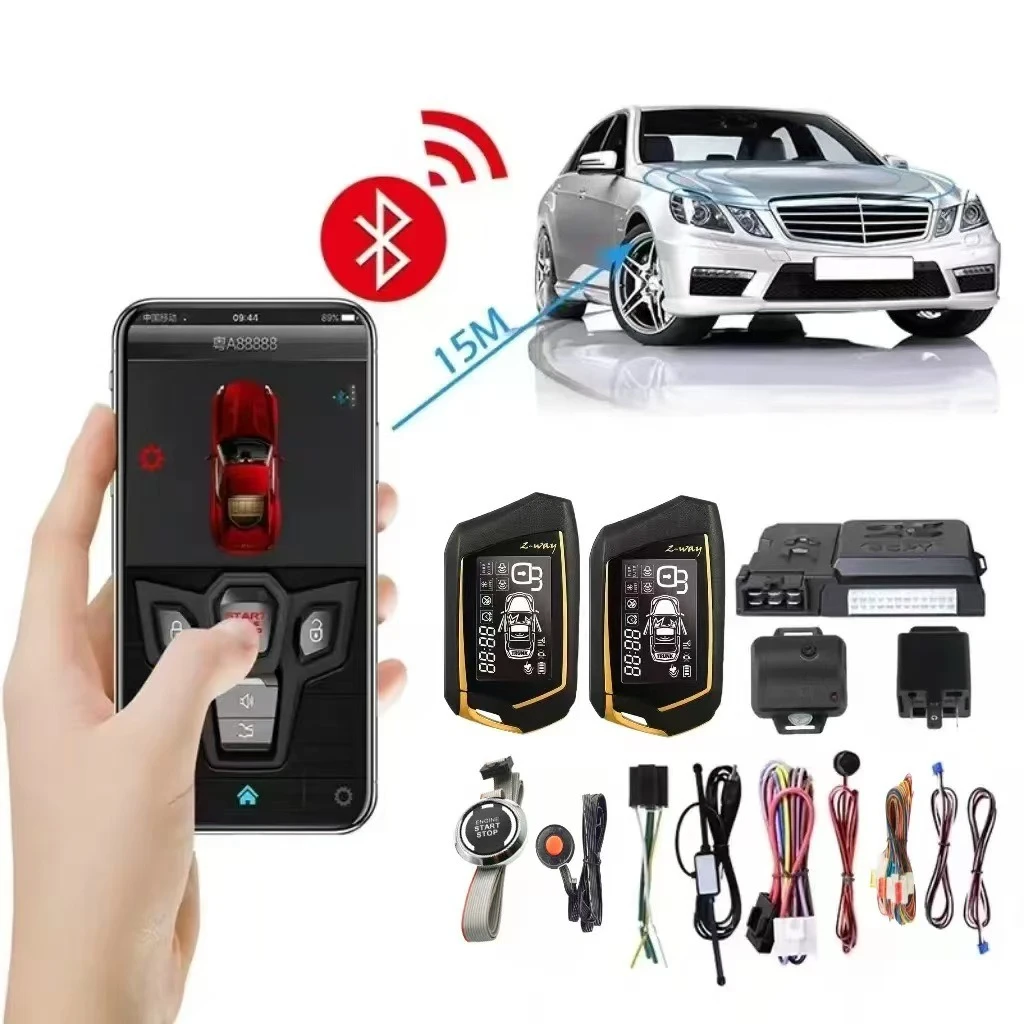 PKE 1500m-LCD Remote +15m-BT APP Control 2-Way Car Burglar Alarm with One-button start Ignition Control and Remote Engine Start