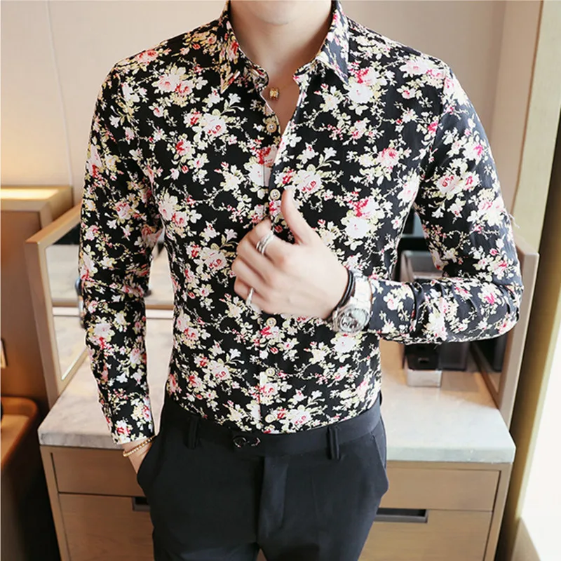 Men Shirts Cotton Vintage Clothes Flowers Shirt Korean Clothing Men\'s Fashion Beach Men\'s Spring Long Sleeve Shirt Top