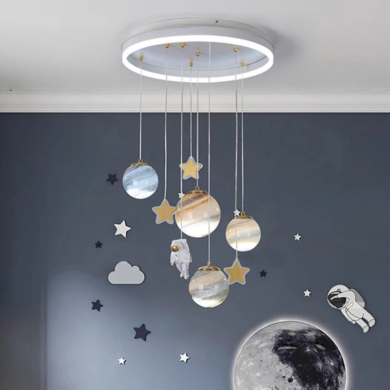 AiPaiTe Nordic Space Planet Astronaut Chandelier Modern Simple LED Children's Room Chandelier