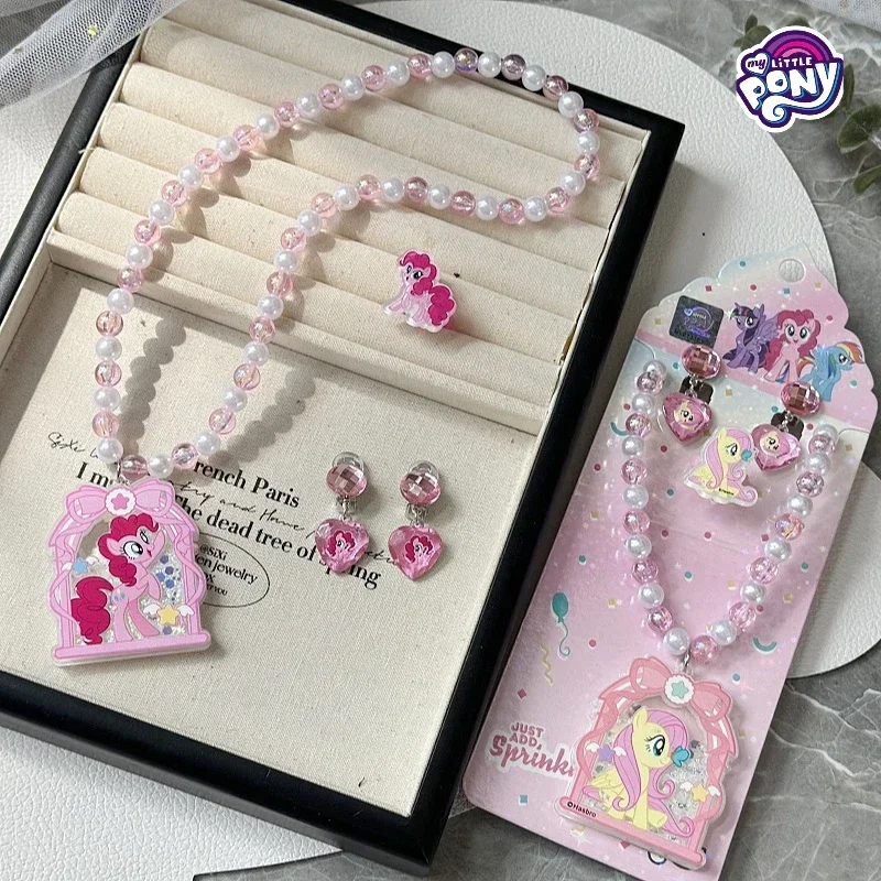 My Little Pony Luminous Necklace Ear Clip Ring Pinkie Pie Princess Beaded Pendant Jewelry Cute Kawaii Christmas Birthday Gift