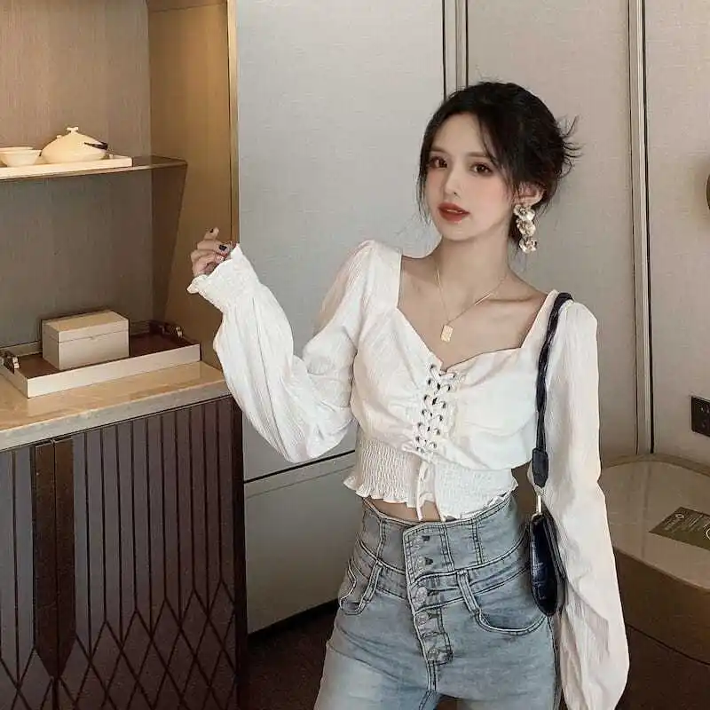 Blouses Women Vintage Square Collar Sexy Off Shoulder Tops Spring New Arrival Design Bandage Fashion Gothic Puff Sleeve Crop Ins