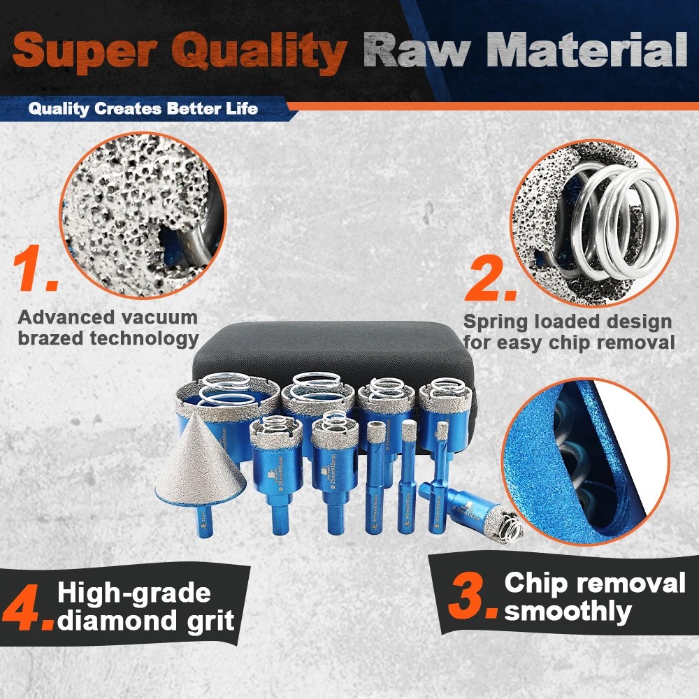 

BRSCHNITT Diamond Drill Core Bit Set 11pcs 6-65MM Ceramic Tile Spring for Tile Marble Granite Stone Porcelain Hole Saw Drill Bit