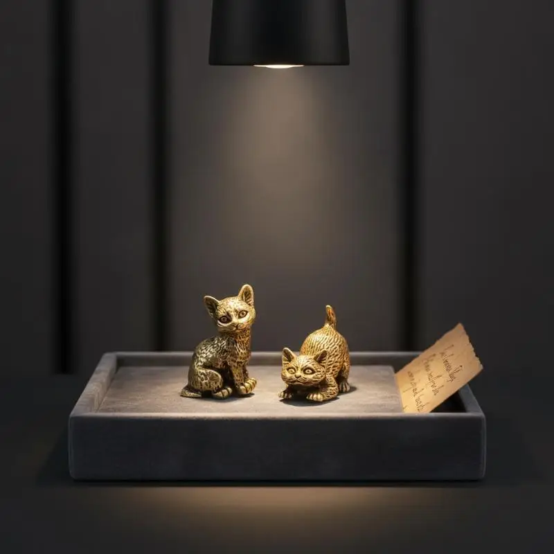 Messing-Mini-Katzenfigur mit Gravierter Textur, Winzige Metallstatue, Heimdekoration für den Schreibtisch, Sammlerstück, Geschenk für Katzenbesitzer – Detail 13