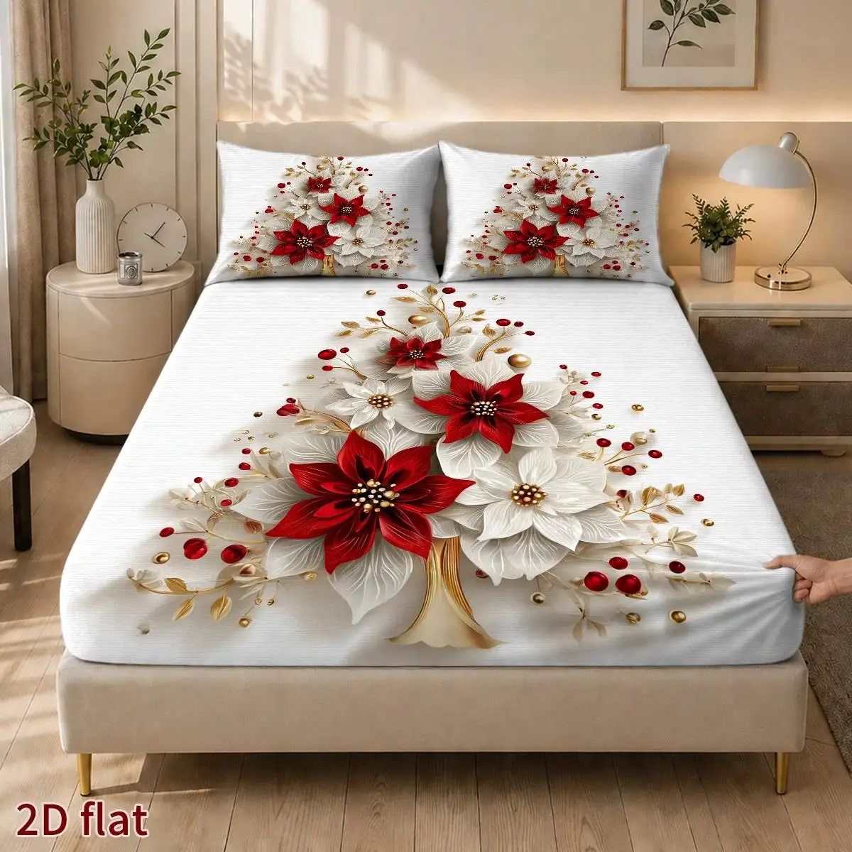 Red and White Christmas Bouquet Theme, Three-Piece Bedding Set (Includes 1 Fitted Sheet + 2 Pillowcases), Mattress Protector, Fitted Sheet Style, Protective Cover, 2D Flat Printing, Mattress Protector, Christmas Limited Edition, Suitable for All Seasons, Machine Washable Design, Holiday Decoration, Various Sizes, Breathable Protective Cover Plus Pillowcase