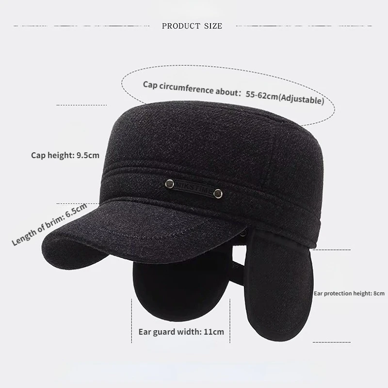 Winter Men\'s Hat Warm Flat Top Hat Cotton Casual Plush Autumn Ear Protection Wool Cap Cold Proof Baseball Cap Big Circumference