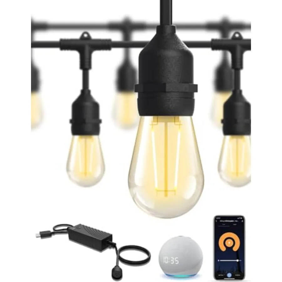 Smart Patio Lights 49Feet LED Outdoor String Lights Waterproof IP65 App Control Compatible with Alexa Dimmable Edison Bulbs Out