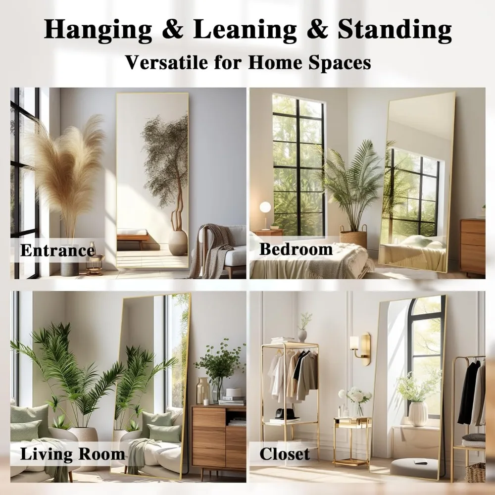 Espelho grande de corpo inteiro com suporte, 26 x 71, retângulo dourado grande, ideal para parede do quarto e vestiário