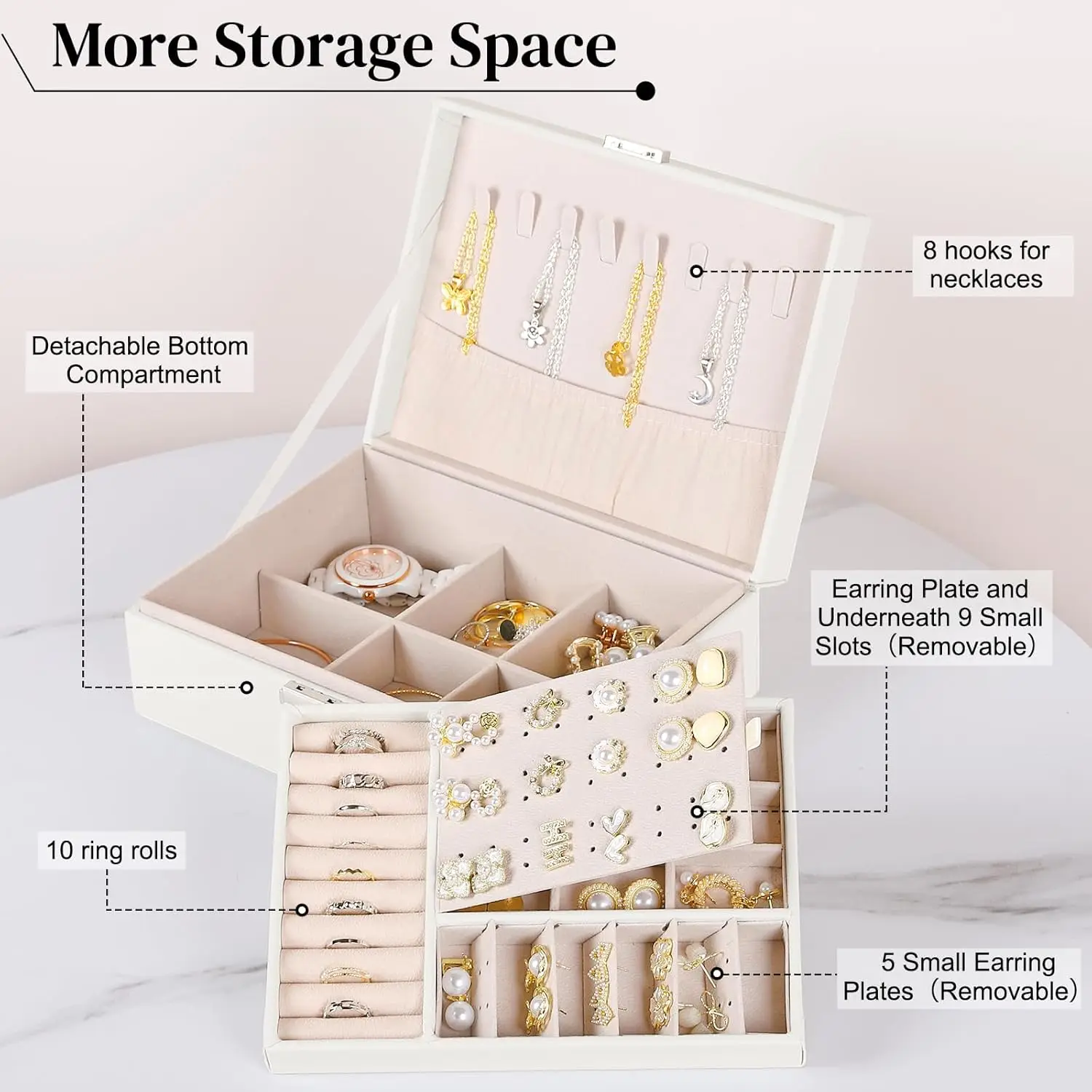 White 2-Layer Jewelry Box Organizer Tray for Earrings, Bracelets, Rings, Watches (10.4 x 7.7 x 3.9 Inches)
