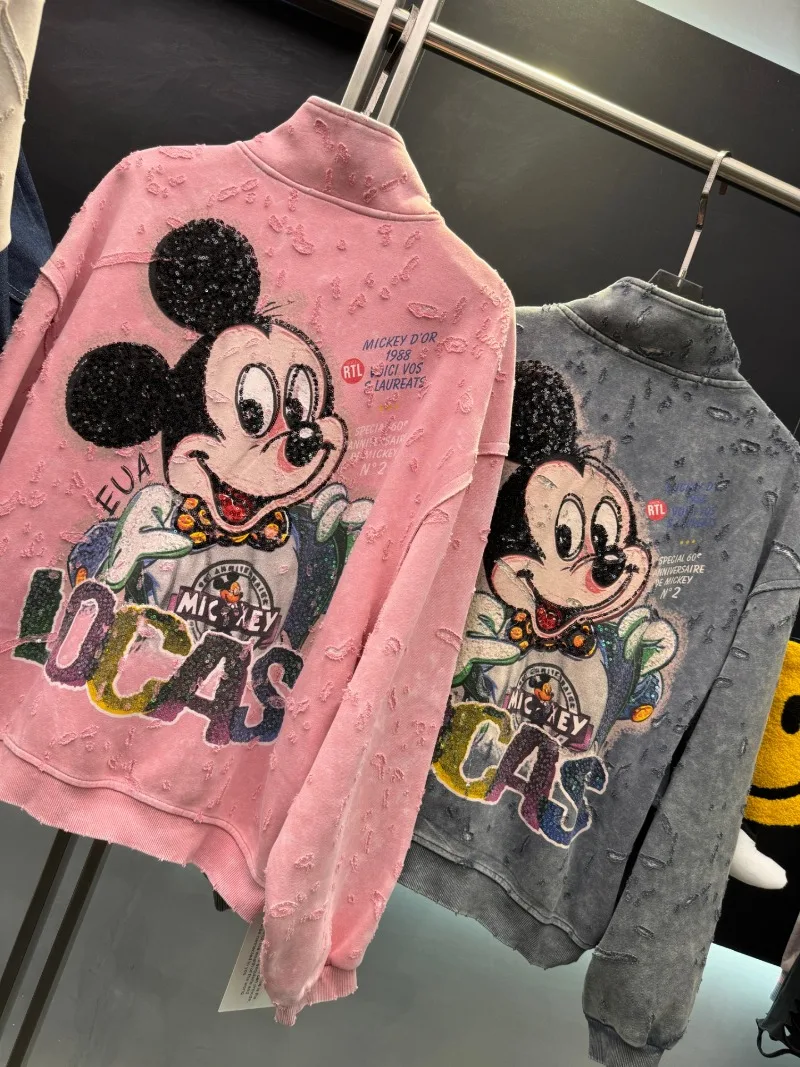 เสื้อแจ็คเก็ตซิปคู่ลำลองสไตล์วัยรุ่นหลวมๆ ลายการ์ตูนปักเลื่อมแบบดิสเทรสสไตล์อุตสาหกรรมหนักใหม่ประจำฤดูใบไม้ร่วงปี 2025 สำหรับผู้หญิง