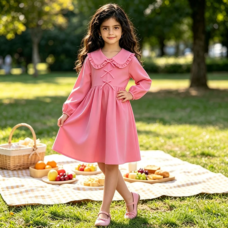 Girls 8-12 Spring Summer Long Sleeve Pink Dress Ruffled Peter Pan Collar Bow Decor Flowy A-Line Kids Casual Daily Sundress