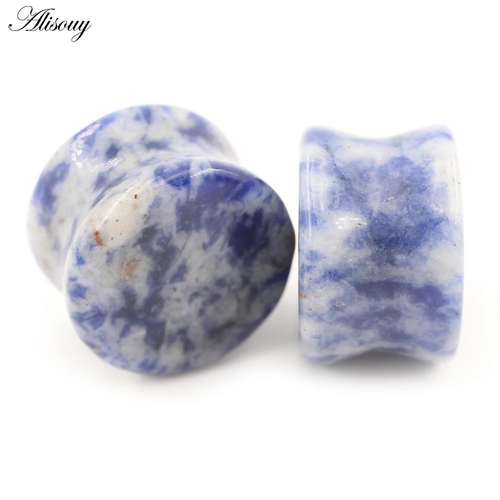 Alisouy 2PCS 6-30mm Stone Blue White Vein Flared Flesh Ear Tunnels Plug Stretcher Expander Gauges Earrings Piercing Body Jewelry