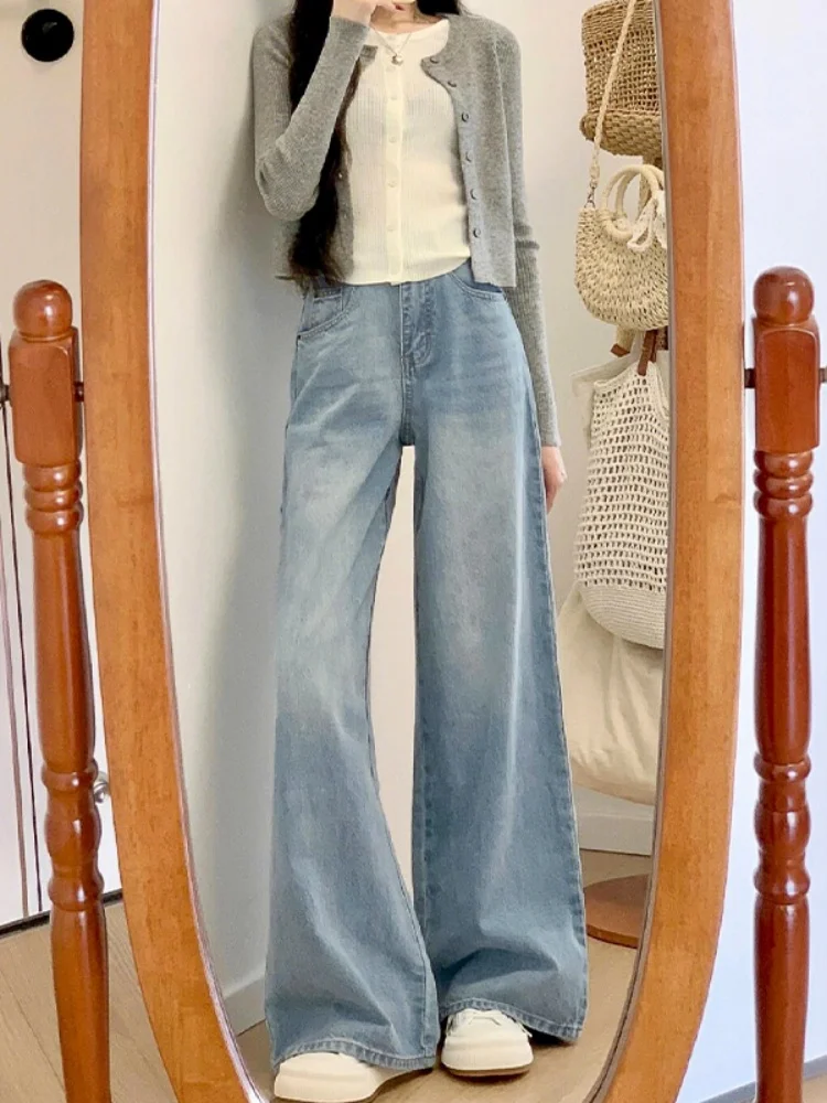 جينز نسائي عالي الخصر وواسع الساق من قماش الدنيم خريفي جديد على شكل قرد الكمثرى سروال مستقيم للتخسيس مقاوم أمريكي