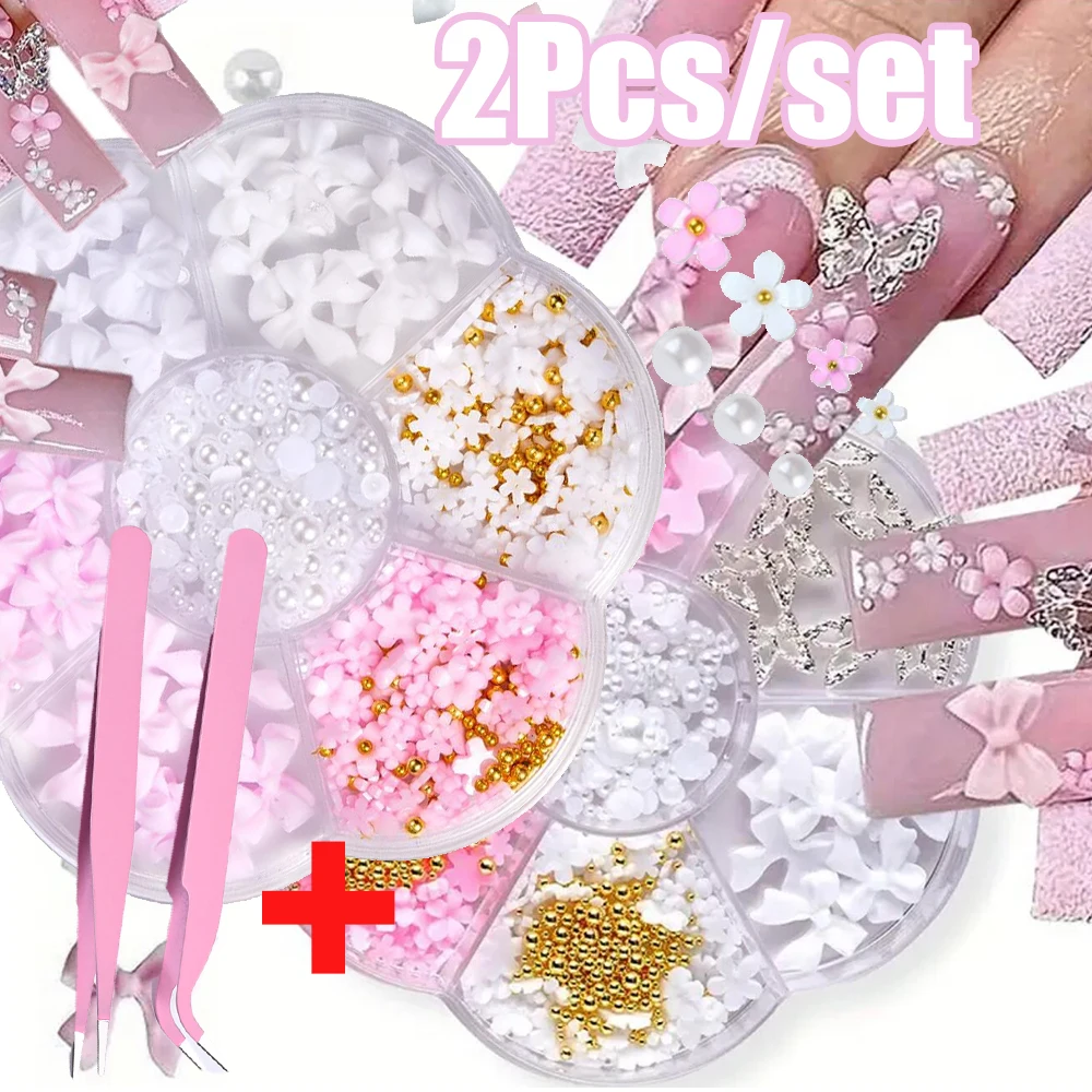 7Grids Valentinstag 3D gemischte Blumen und Schleife Nagel Charms 2 Stück Pinzette Pick Blumen Nail Art 3/6/9 mm Harz Blumen Nagel Kit