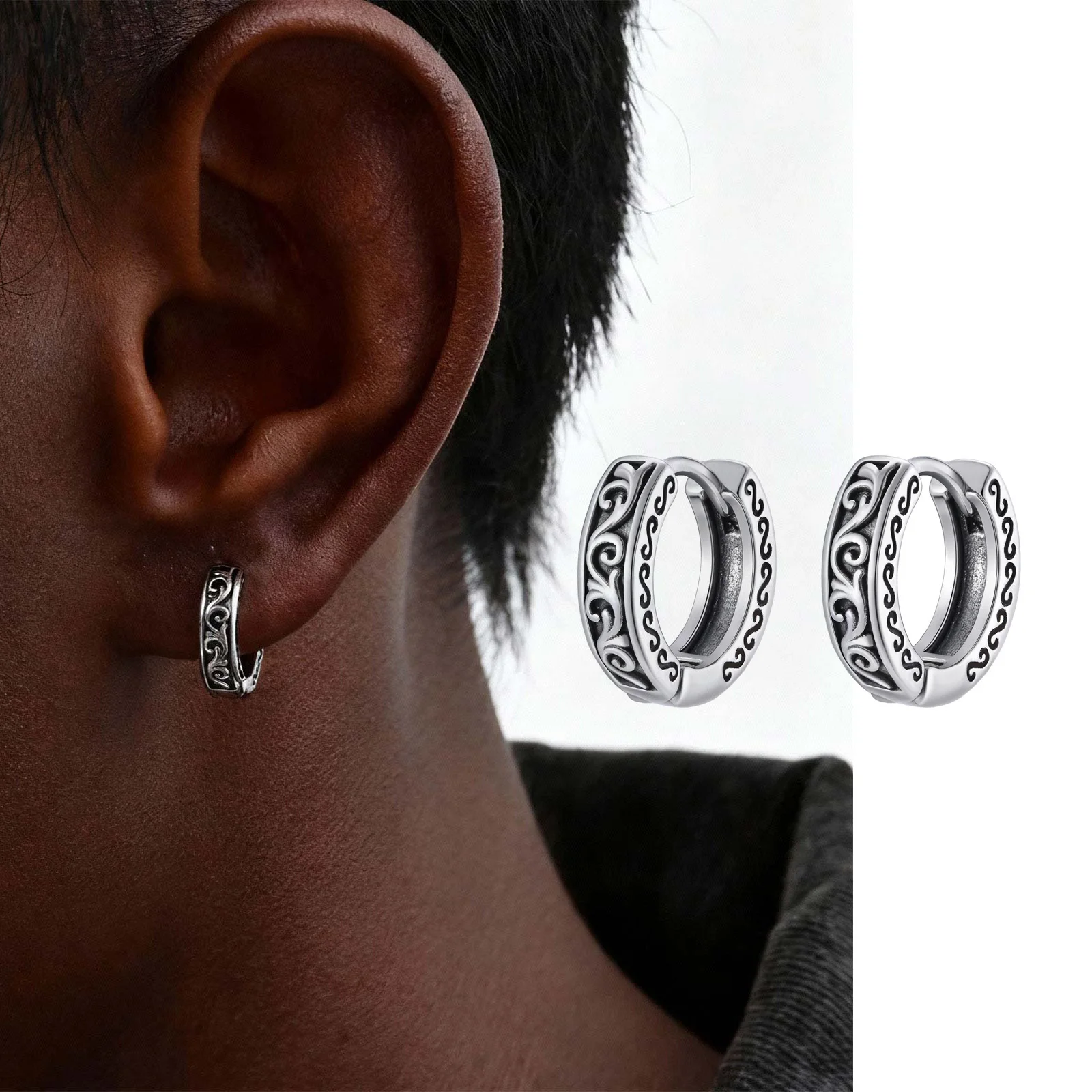 Vintage Totem Hoop Earrings for Men Boys,Vine Grass Pattern Anti Allergy Stainless Steel Huggies Earrings,Rock Punk Jewelry Gift