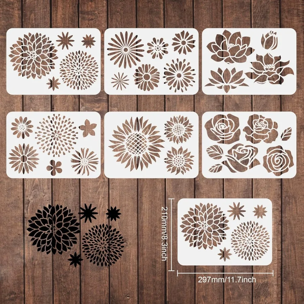 6 PCS Flower Stencils Template 11.7x8.3 inch Plastic Lotus Sunflower Rose Drawing Painting Stencils Daisy Chrysanthemum Pattern