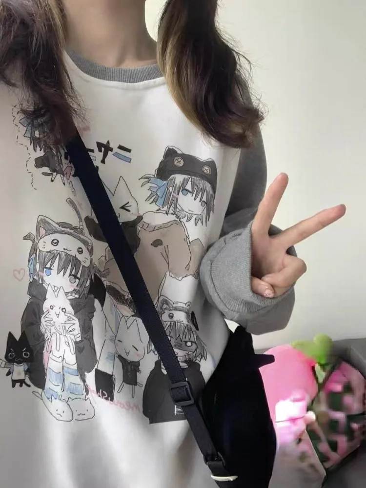 Patchwork Contrast Cartoon Print Hoodies Vintage Casual Women Y2k Aesthetic Tops Harajuku Grunge Japanese Kawaii Sweatshirts