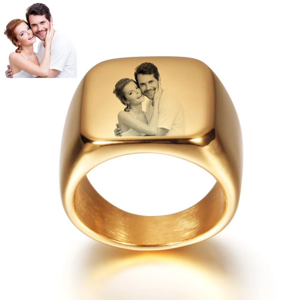 Stainless Steel Rings Free Custom Photo Engrave Logo Women Mens Picture Text Gold Signet Name Ring Couple Jewelry