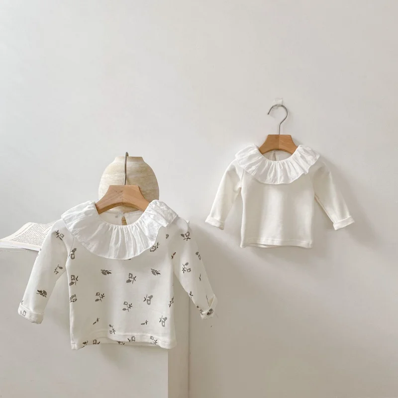 Autumn Clothing Baby Bottoming Shirt Girls Lotus Leaf Collar Flower Printed Top 0-2 years old Long Sleeve Cotton Base Shirt