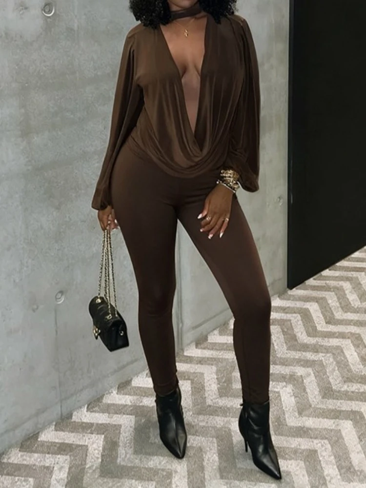 

Foamlina комплект из 2 предметов, женский однотонный воротник-стойка, глубокий V-образный висящий полый свободный топ с длинными рукавами и узкие брюки-карандаш, одинаковые костюмы