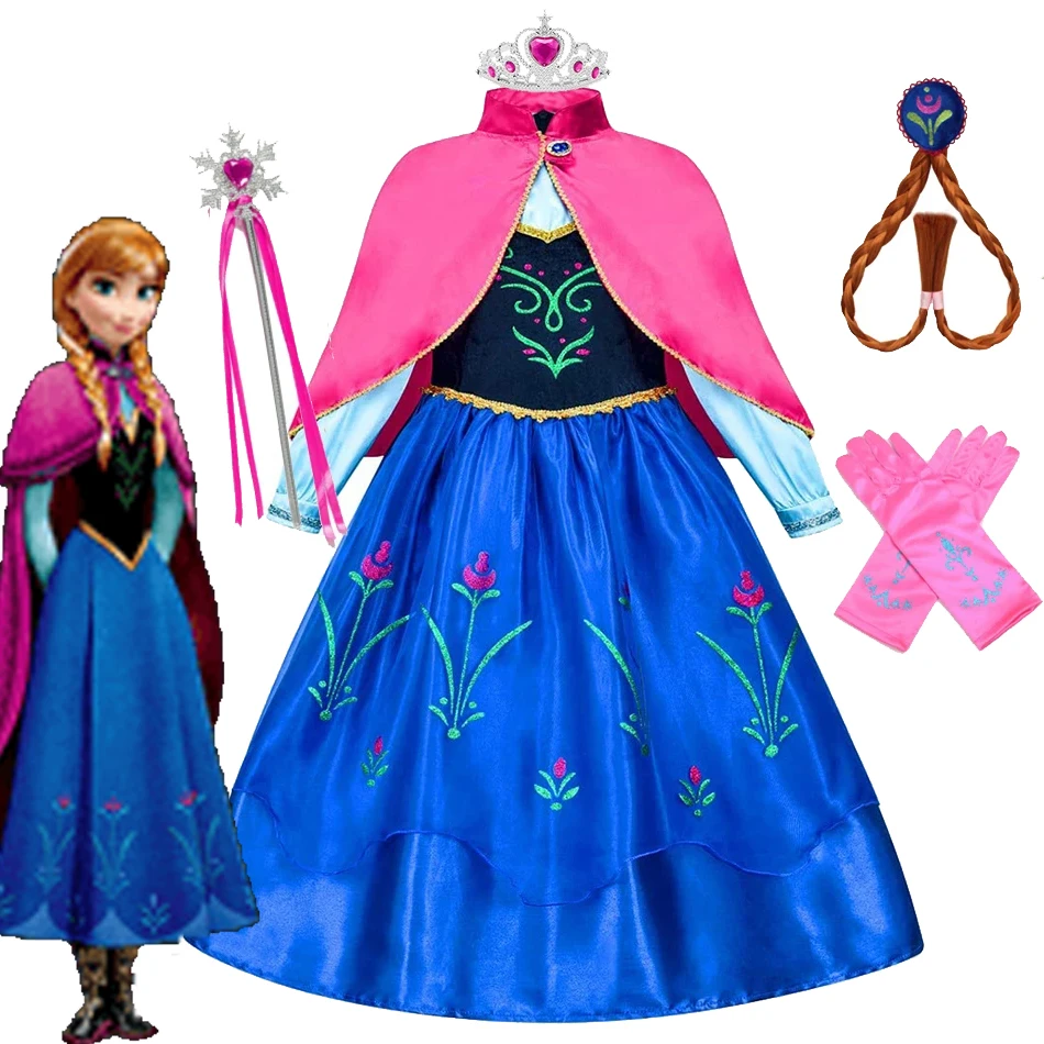 Disney Anna Princess Cosplay Coronation Dress Cloak Cartoon Outfit Girl Halloween Disguise Costume Birthday Party Fancy Gown