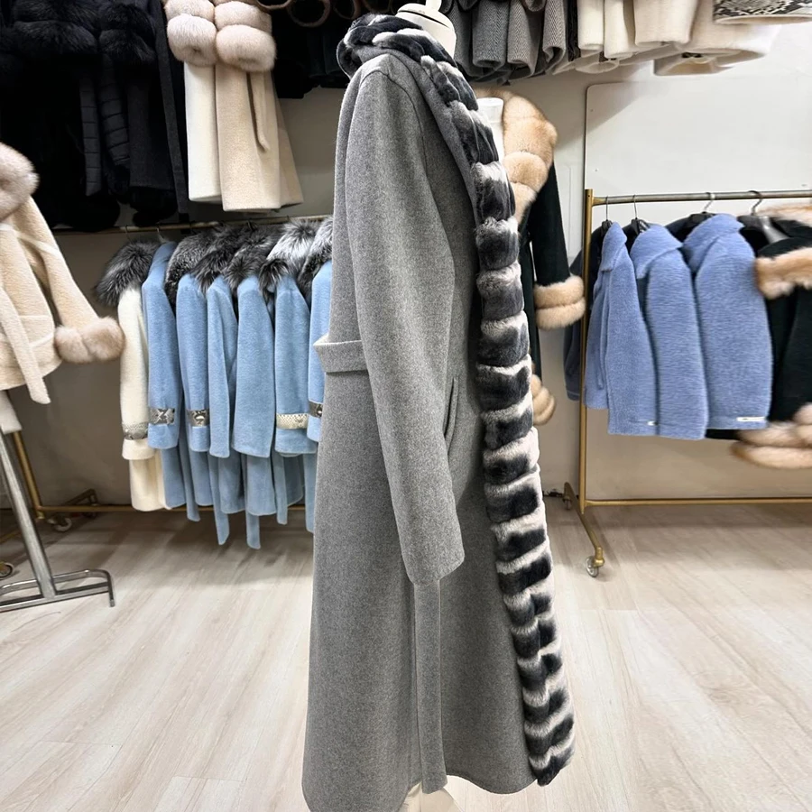 Woollen Coats For Women Winter Warm Chinchilla Fur Collar Coat Luxury styles Long Gray Wool Coat