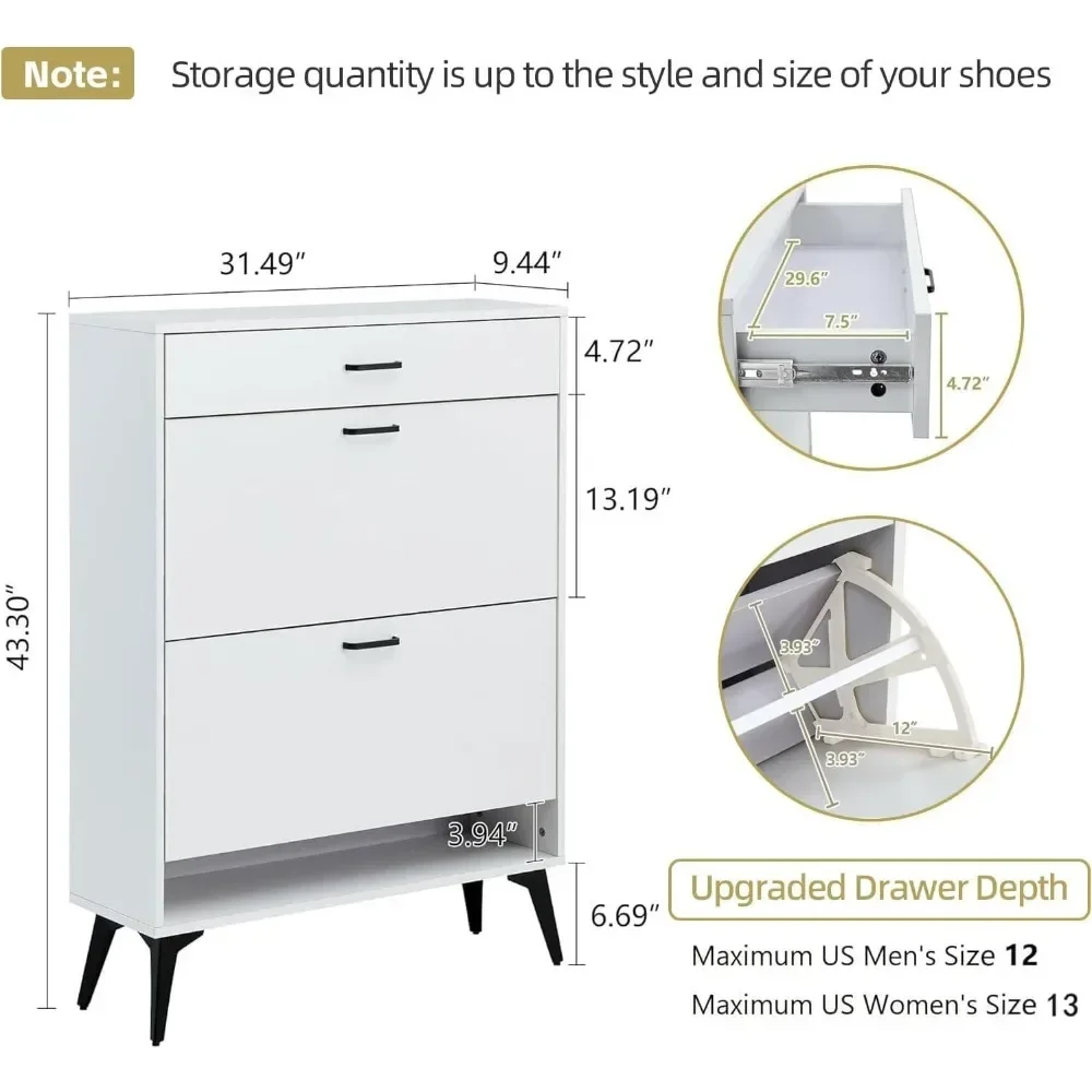 Shoe Cabinet for Entryway,Slim Hidden Shoe Storage Cabinet with 2 Flip Drawers, Narrow Shoe Rack Organizer Cabinet