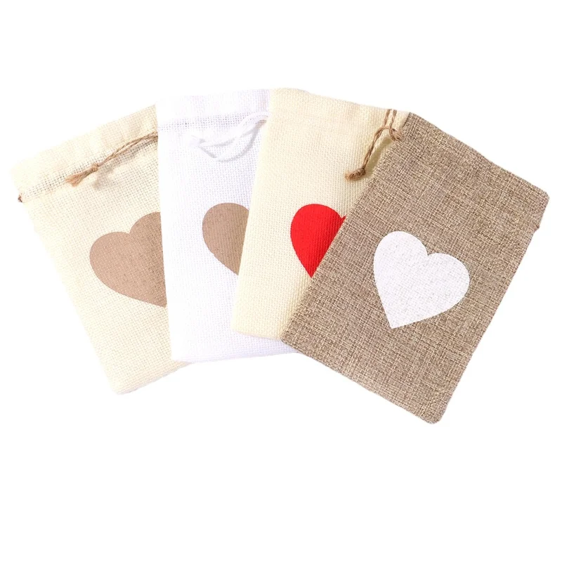 20pcs/lot White Khaki Drawstring Linen Love Gift Bag Halloween Valentine's Day Christmas Party Wrapping Bag 10X14cm Key Storag