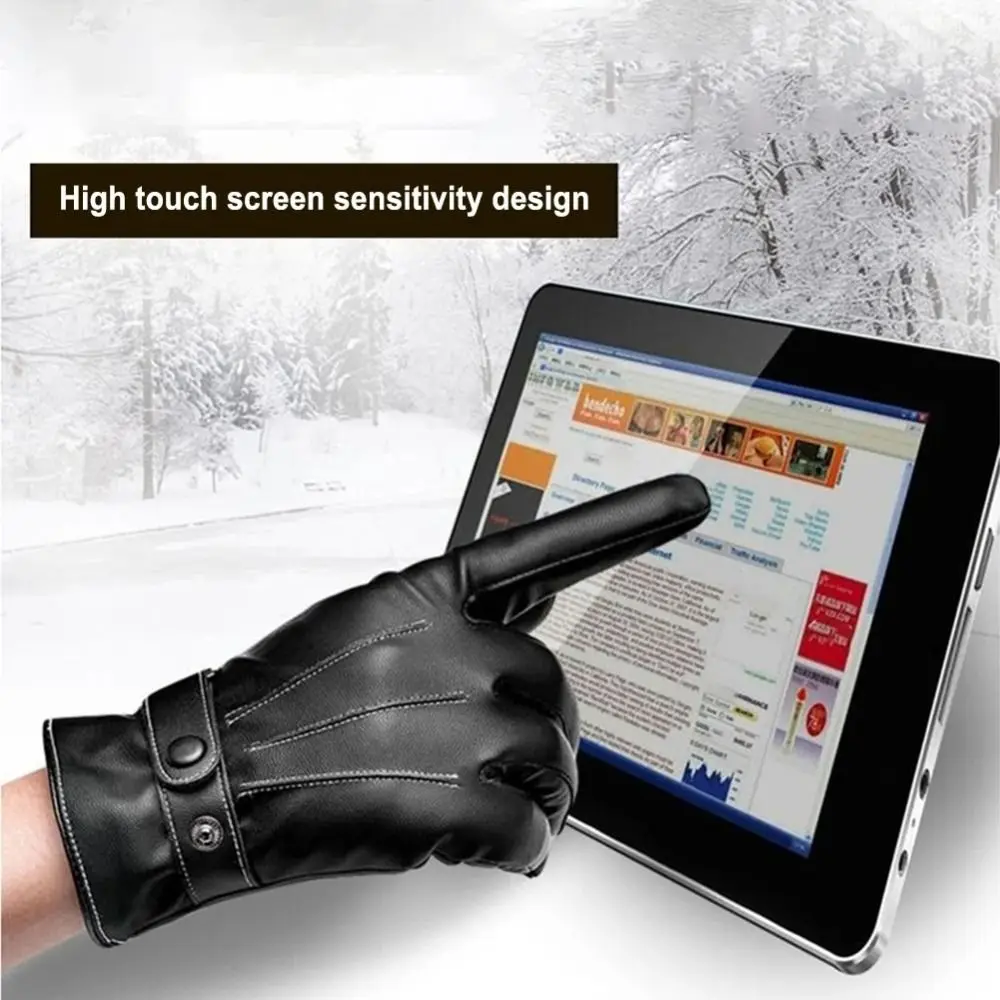 New Thickened Touch Screen Gloves Adjustable Thermal Fleece Waterproof Gloves Cold Wind PU Leather Gloves Skiing