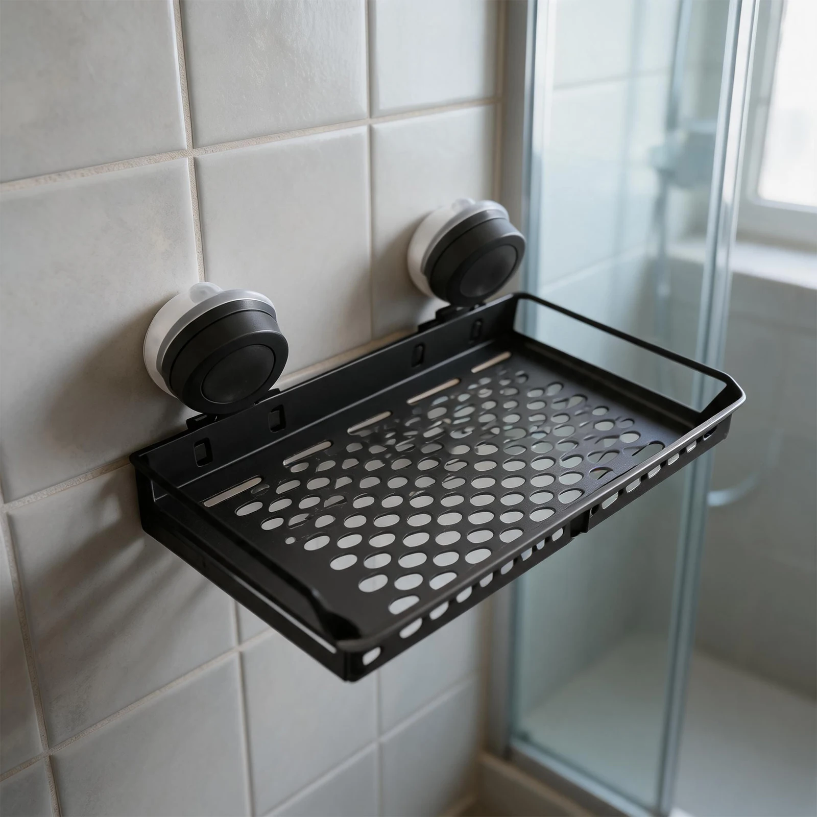 Multi Functional Aluminum Shower Shelf with Strong Suction Cups Towel Bar and Hooks for Organizing Bathroom Items