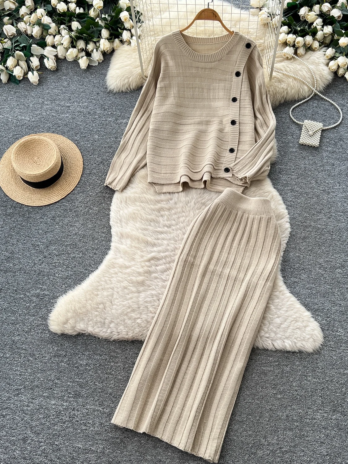 Women's Knitted Loose Long Sleeve Top And High Waist Skirt Set Comfortable Lazy Style Fashionable Commute Suitable Autumn Outfit