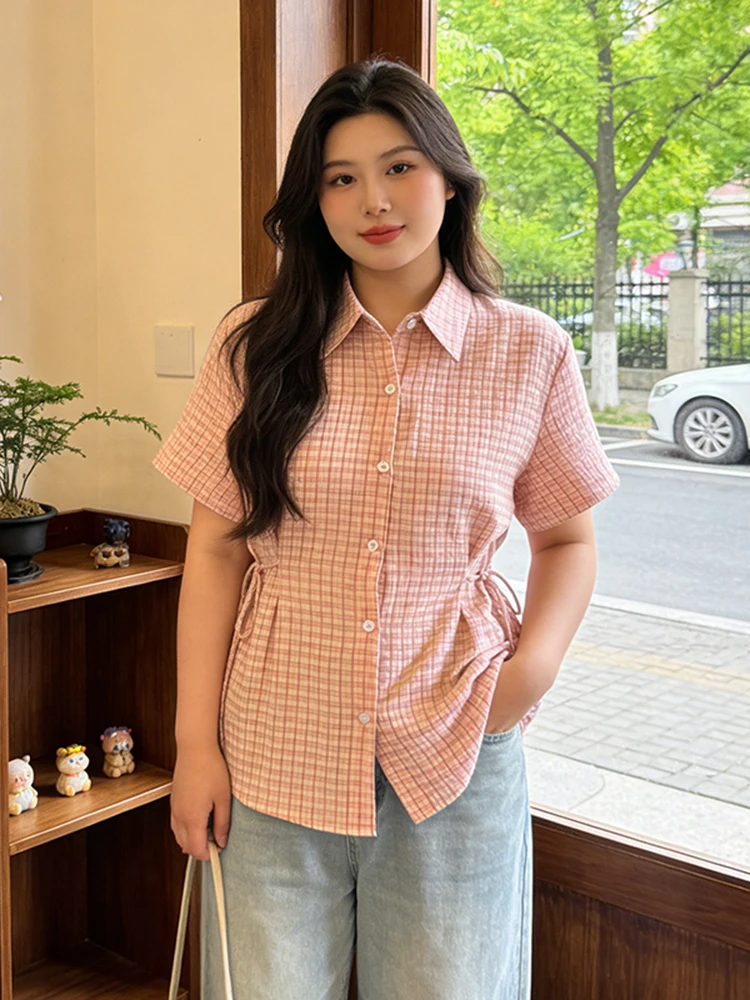 

Salt Series Plaid Short Sleeve Shirt Women's Summer New Style plus Size Micro Fat MM Waist Cinching Top Korean Style Commute