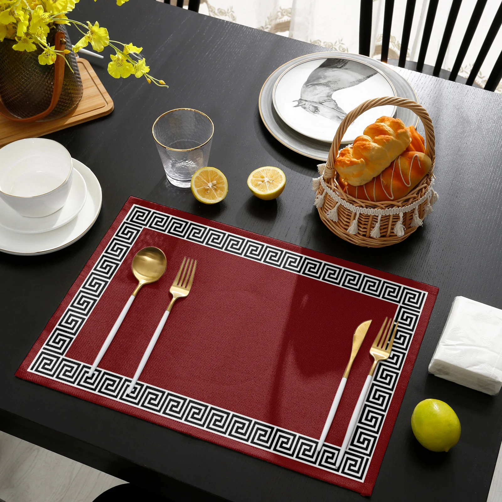 Solid Color Simple Chinese Pattern Kitchen Dining Table Decor 4/6pcs Placemat Heat Resistant Linen Tableware Pads Table Mats