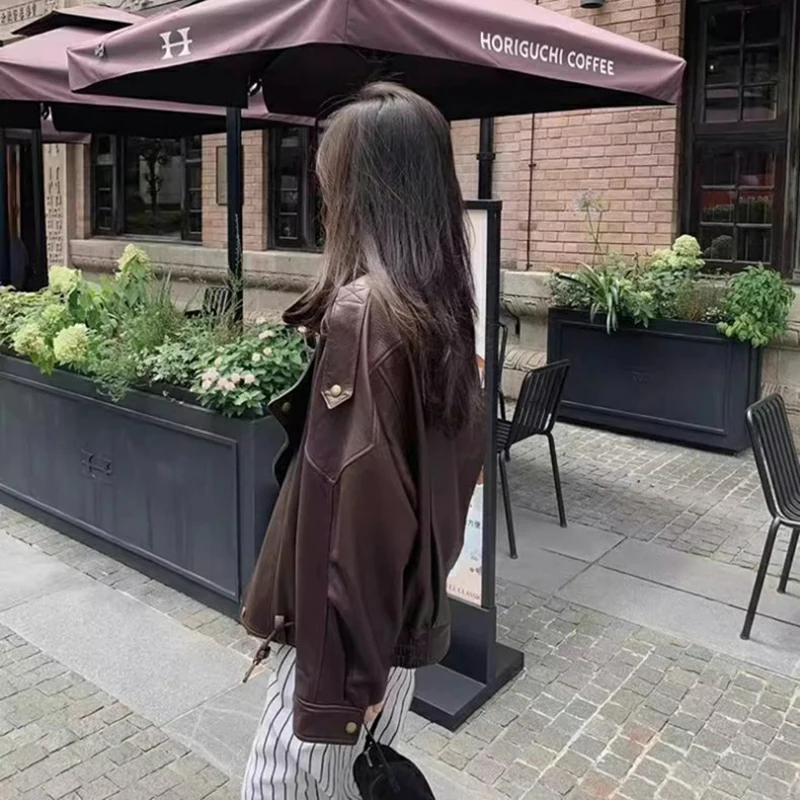 سترة نسائية كبيرة الحجم من جلد البولي يوريثان لربيع وخريف بأكمام طويلة وسحاب ملابس فاخرة بتصميم عتيق ملابس خارجية أنيقة للشارع