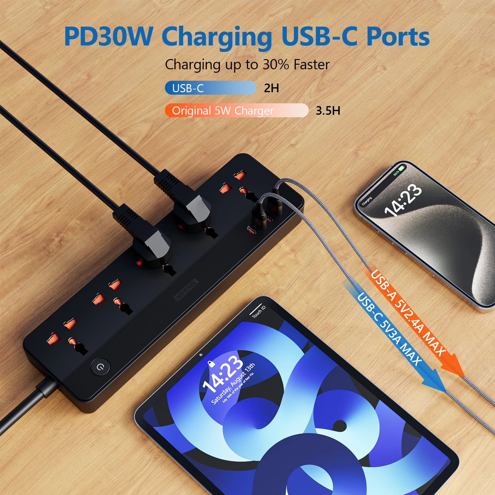 PD 20W Power Multi Tap Universele Plug EU Outlet Stekkerdoos met 5 AC 1 Type C 2 USB A-poort Opladen Elektrische verlengaansluiting