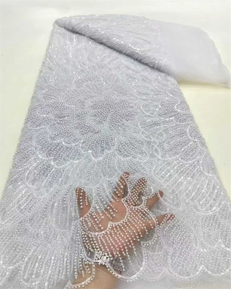 

African Lace Fabric 2025 Sequins Beaded Embroidery Groom Nigerian Bridal High Quality French Tulle Lace Fabric For Wedding