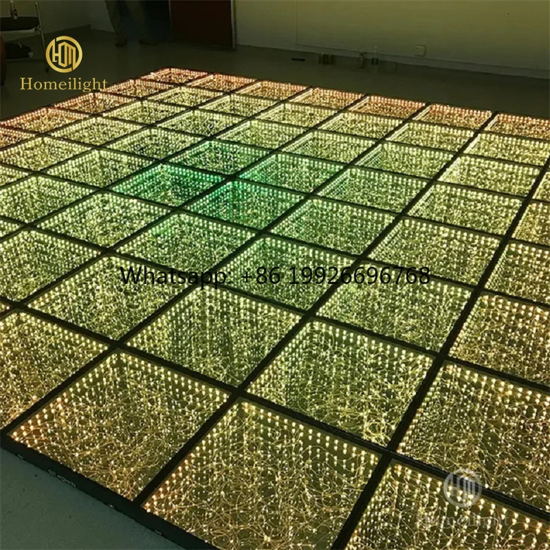 

Homei Dance Floor Led 20*20ft Infinity Golden Fairy Starry Dance Floor Tempered Glass Wedding Party Magnetic Track Light