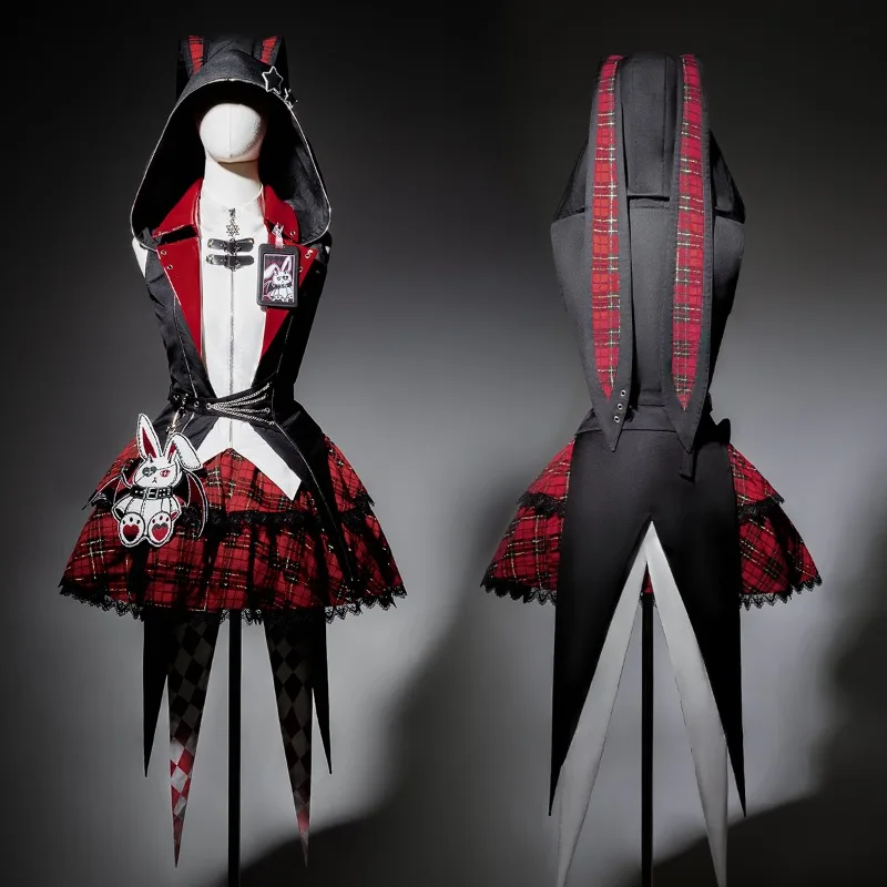 

Original Gothic Rock Rabbit Lolita Dark Subculture Top + Skirt Three-Piece Set Punk Style Dark Cool Girl Stage Outfit Set