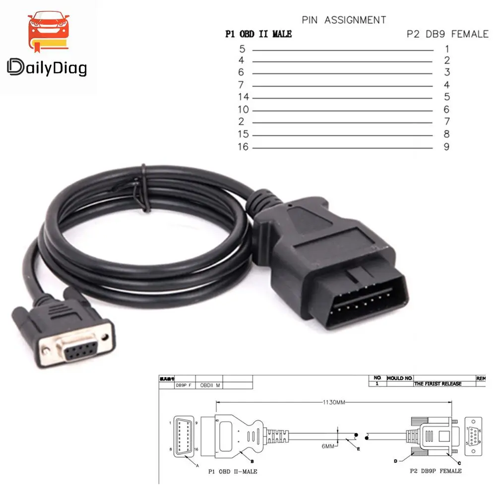 OBD2 16Pin Male Extension Cable Car OBD Tool 16Pin to DB9 Serial RS232 Connector OBDII Cable-Adapter