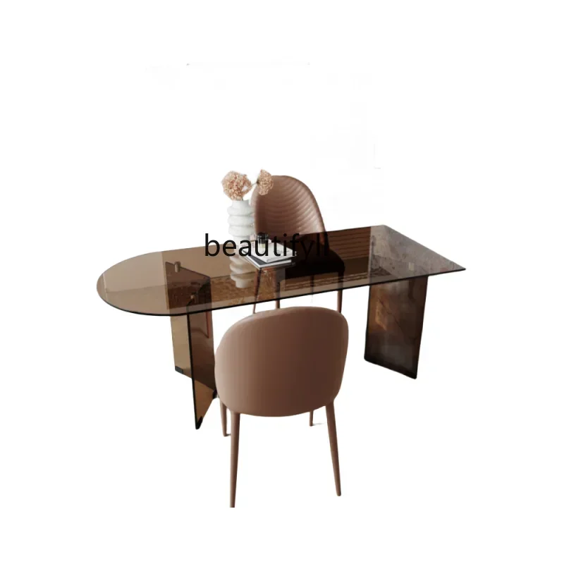 cqyLight luxury island dining table household design tempered glass dining table and chair combination living room against the w