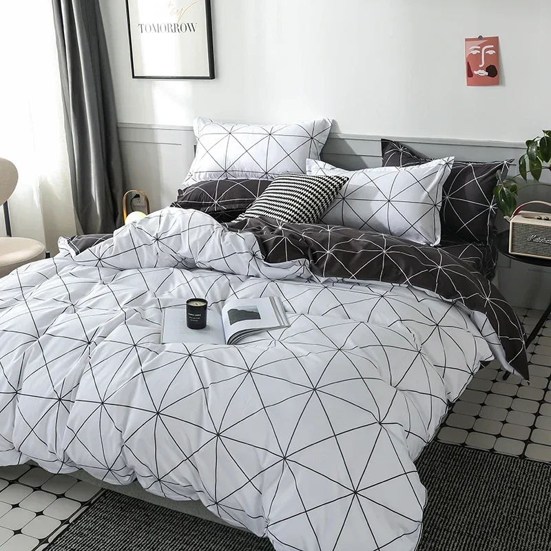 White Geometric Grid Print Queen King Size Duvet Cover Set Twin Full Fashion Stripes Bedding Set 3Pcs Soft Polyester Quilt Cover