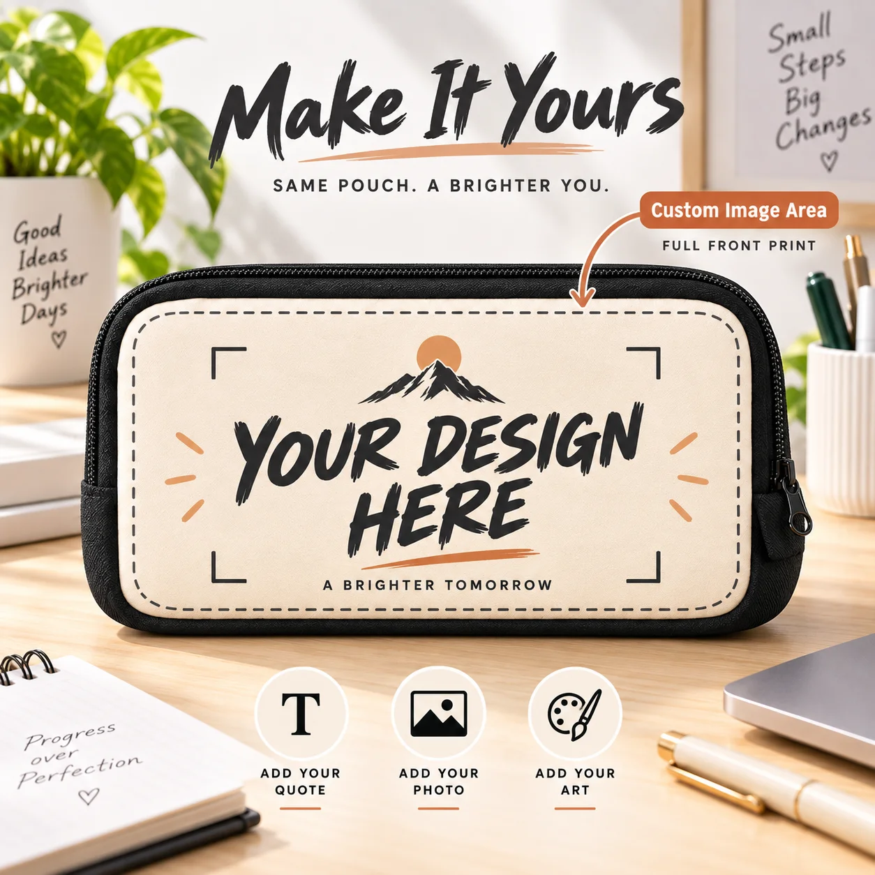 Custom Large Capacity Student Stationery Bag Front Cover Print Minimalist Motivational for School Unisex Gift