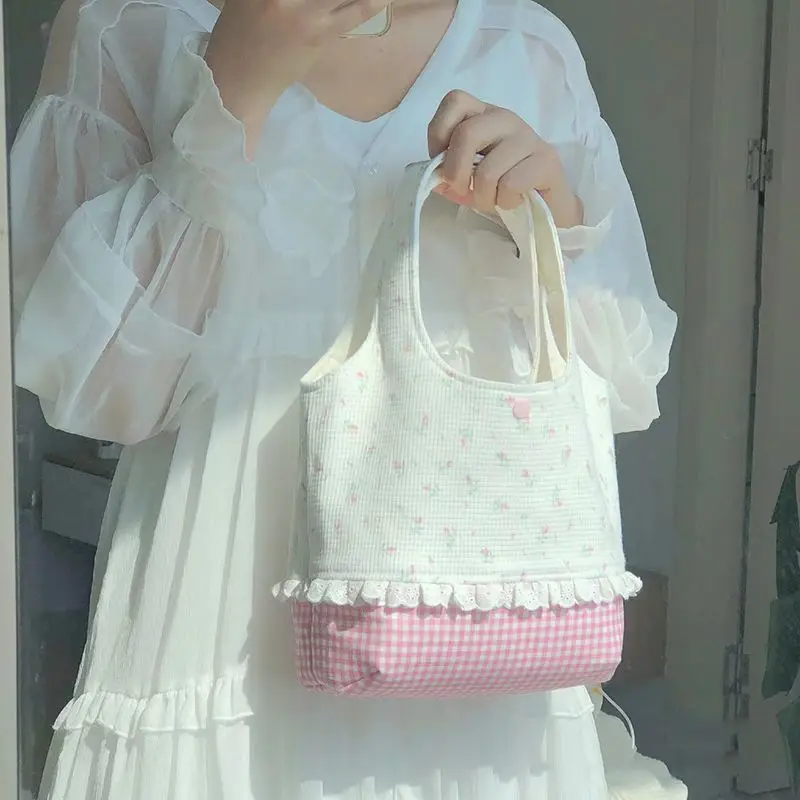 Korean Lace Plaid Flower Floral Handbag Tote Underarm Bags Women Commute Shoulder Bag