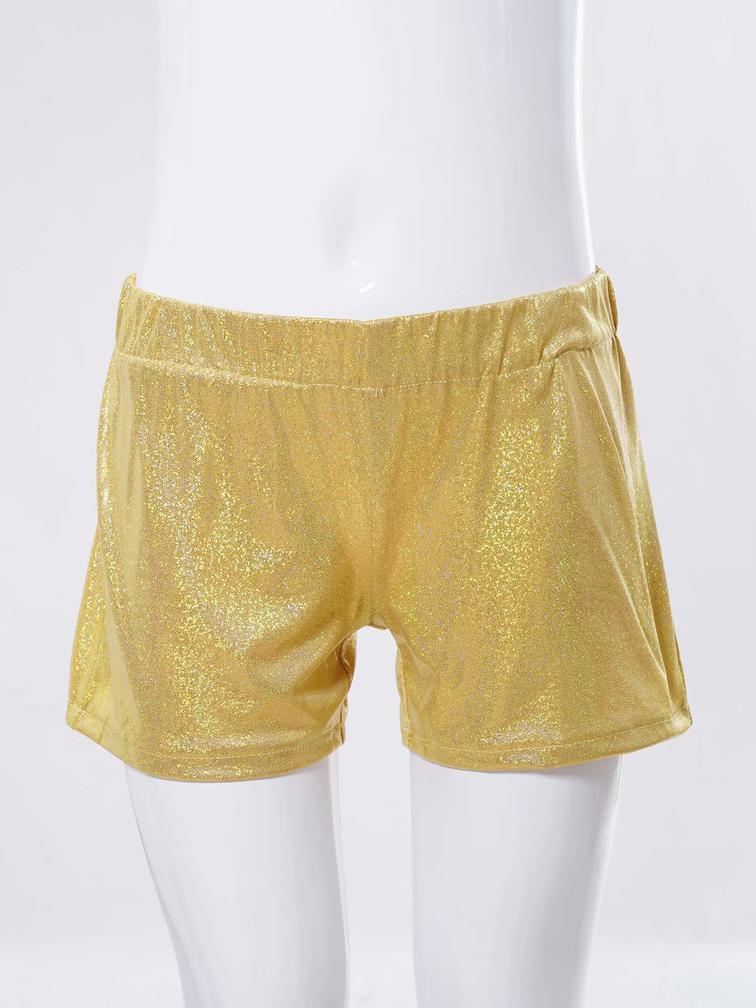 Bambini ragazze Metallic Shiny Shorts Bottoms pantaloncini elastici in vita per ginnastica balletto Dancewear Yoga Sport Cheerleading Performance