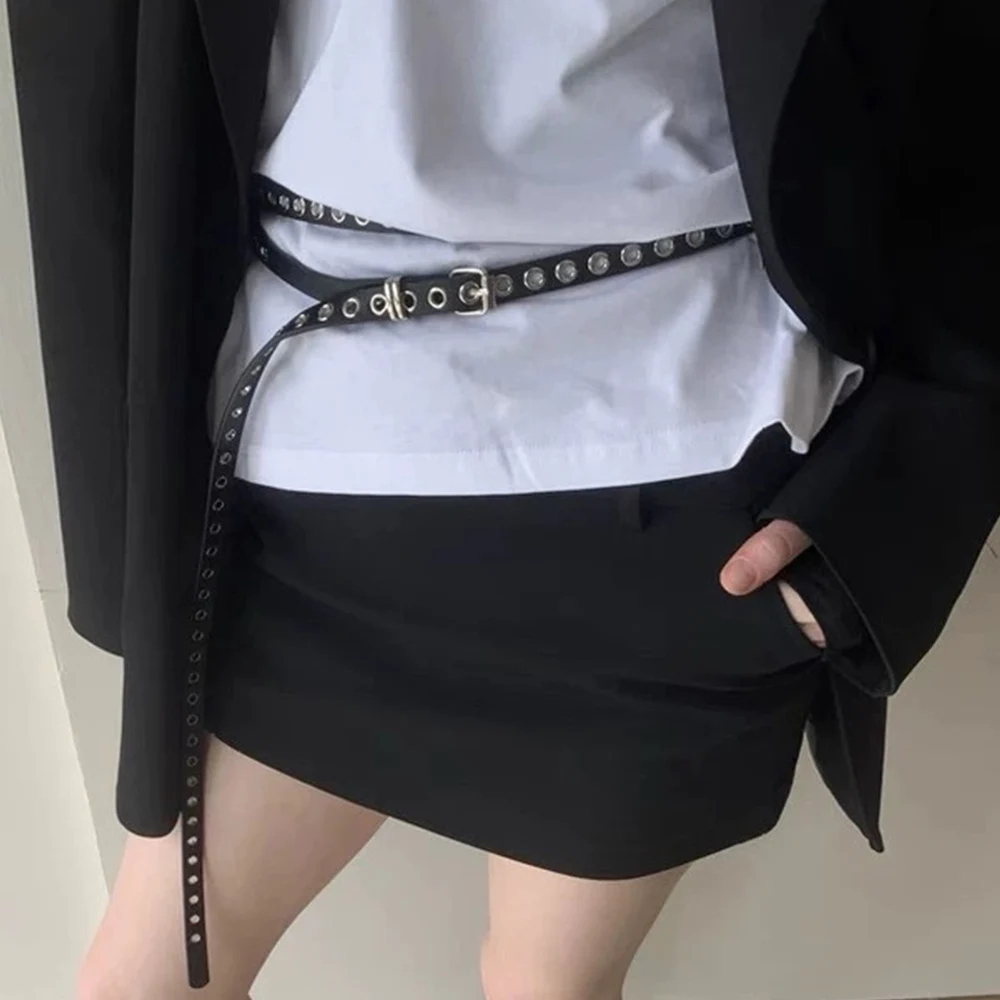 Chaîne de taille Double cercle nouée, ceinture Extra longue et fine, ceinture à trous Double couche, Corset Rivet oeillet, ceinture de taille en cuir PU