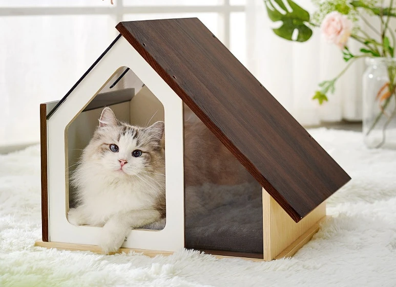 Simple Solid Wood Cat House Removable Closed Cat Kennel Four Seasons Universal Large Space