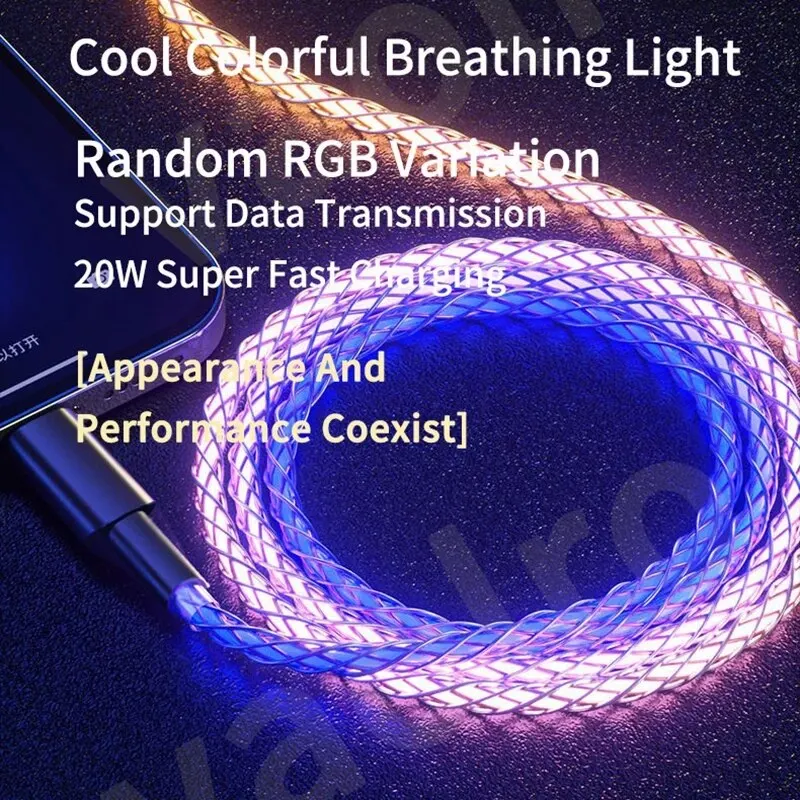 RGB Super 6A Fast Charging Date Cable Flow Cool Colorful Streamer Glowing Line For Huawei Xiaomi Type C USB C Charger
