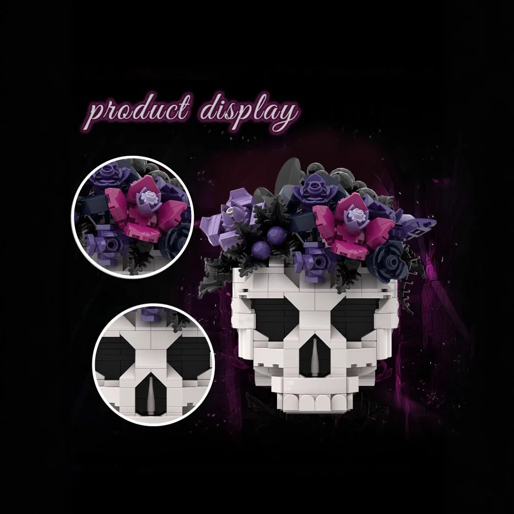 MOC القوطية الجمجمة الأسود والأرجواني الورود باقة اللبنات مجموعة الهيكل العظمي شبح زهرة النبات لعب الأطفال هالوين هدية عيد #3