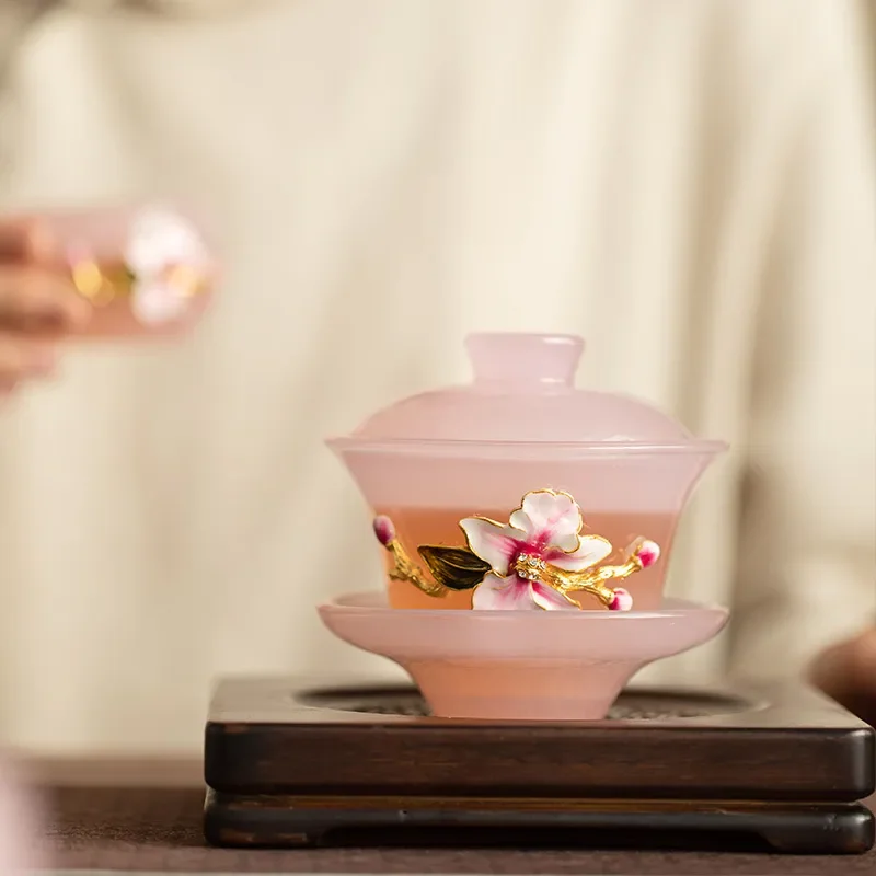 Pink Glazed Ceramic Gaiwan Handmade Flower Pattern Tea Bowl Traditional Kung Fu Tea Set Household Teaware Holiday Gift for