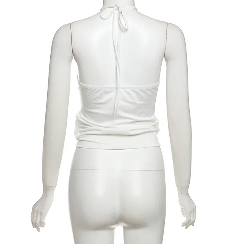 เสื้อกล้ามสไตล์ใหม่ SylCue 2025 สำหรับผู้หญิง แบบผูกคอ ประดับห่วงโลหะ ตัดต่อผ้า โชว์ไหล่ โชว์หลัง แฟชั่นสตรีท จับจีบ ดีไซน์หรูหรา